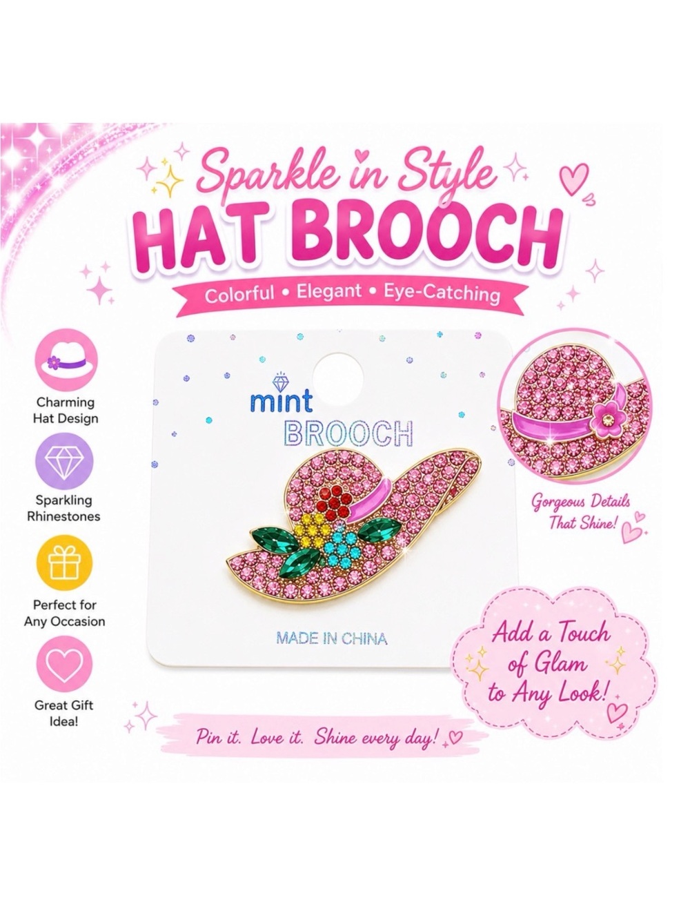 SPARKLE IN STYLE PINK EMBELLISHED HAT BROOCH
